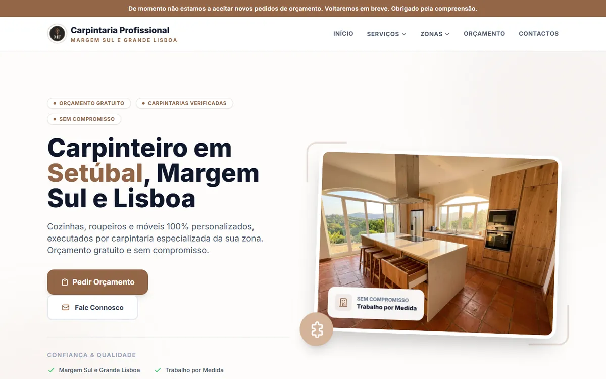 Página inicial de um site de carpintaria na Margem Sul, no computador