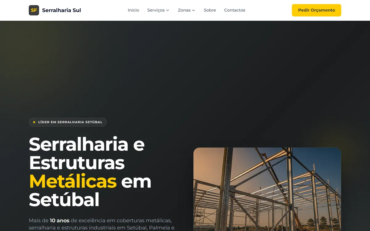 Página inicial de um site de serralharia e estruturas metálicas, no computador