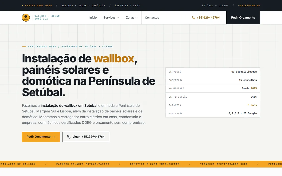 Página inicial de um site de carregadores elétricos e painéis solares, no computador