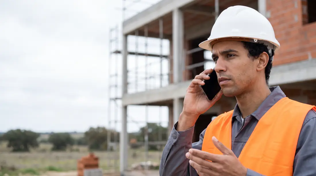 Encarregado de obra com capacete e colete refletor, ao telemóvel, junto a um edifício em construção