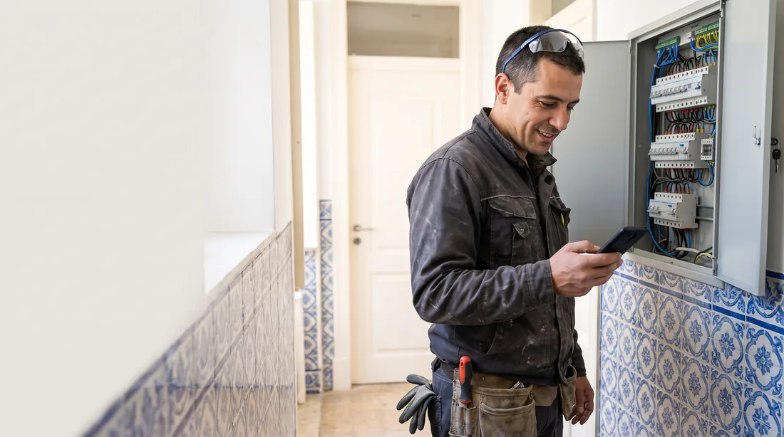 Eletricista de casaco cinzento junto a um quadro elétrico aberto numa casa em obras, a olhar para o telemóvel