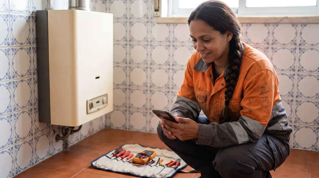 Mulher agachada com o telemóvel junto a um esquentador numa cozinha