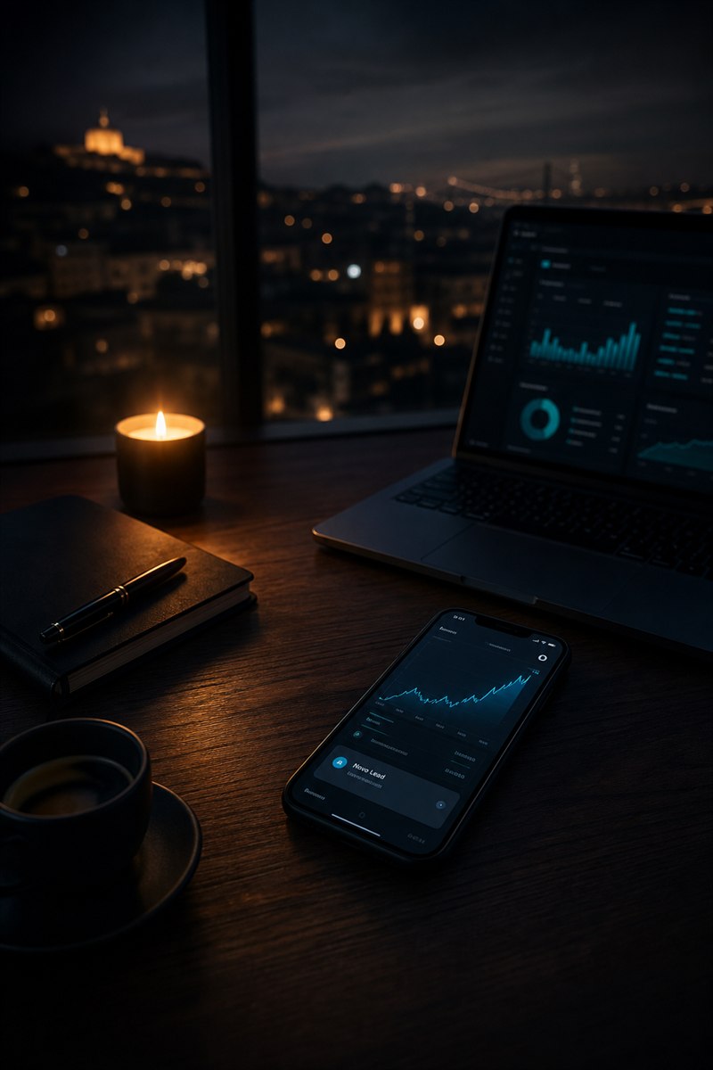Marketing digital para negócios locais - dashboard de campanhas com leads gerados, vista nocturna de Lisboa em workspace de agência