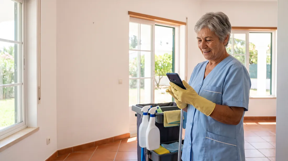 Profissional de limpezas numa sala de moradia com carrinho de limpeza, a olhar para o telemóvel