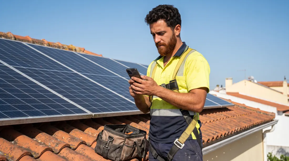 Homem com arnês junto a painéis solares num telhado, a ver o telemóvel