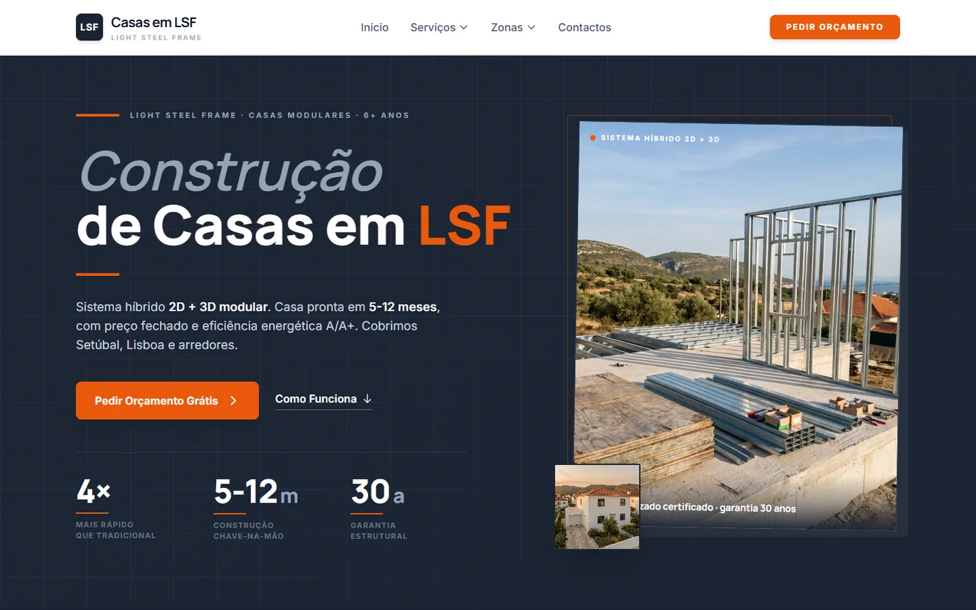 Primeiro ecrã do site Casas em LSF no computador: fundo escuro, título sobre construção de casas em LSF e fotografia de estrutura metálica.