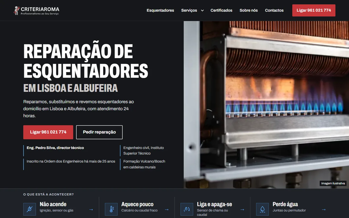 Primeiro ecrã do site Criteria Roma: título de reparação de esquentadores em Lisboa e Albufeira, botão de ligar e fotografia dos queimadores de um esquentador aceso.