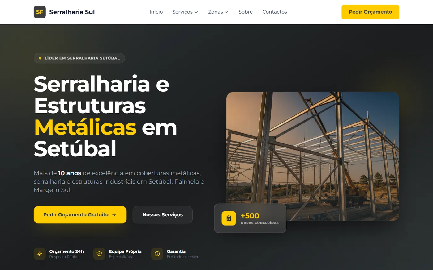 Primeiro ecrã do site Serralharia Sul: fundo escuro, título sobre estruturas metálicas em Setúbal e fotografia de obra.